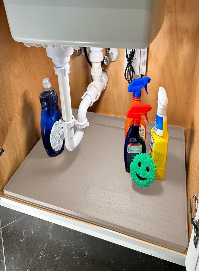 XTREME MATS Trimmable Rubber Under Sink Cabinet Mat - Ultimate Waterproof Protection for Kitchen or Bathroom Cabinets with Patented Overflow Channels (Beige) - Image 1
