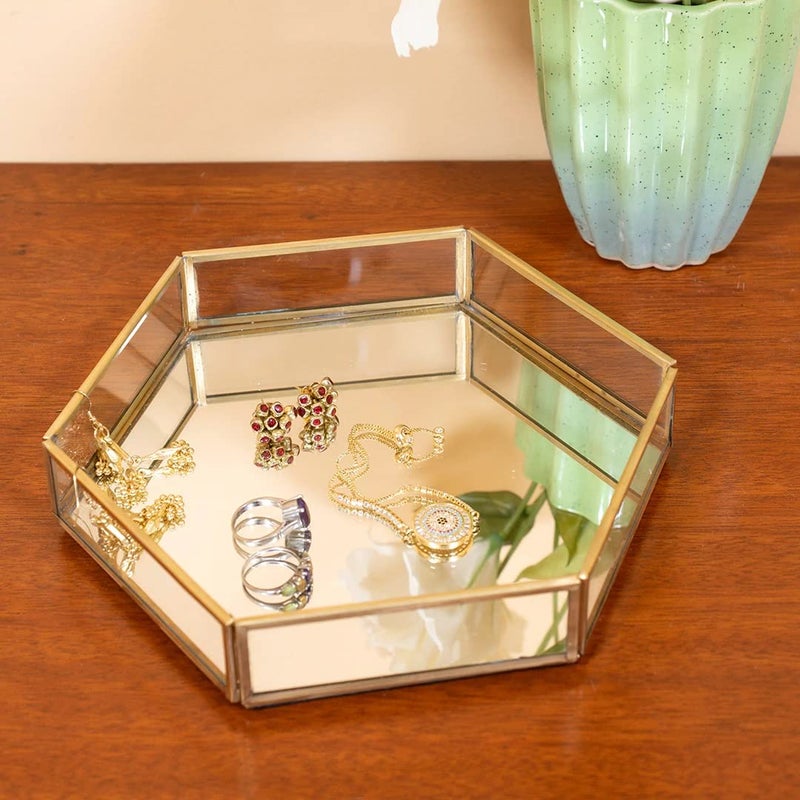 ARTINCO Vintage Glass Brass Vanity Tray Hexagonal Home Table Decoration Makeup Organizer Vanity Tray Brass Gold 8x9x15 Inches - Image 5