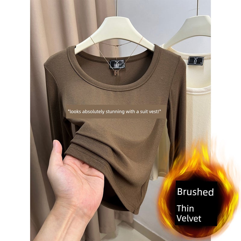 Flower gray long-sleeved large U-neck base shirt, girls' low-neck top, basic versatile solid color thread simple inner wear t-shirt - Image 1