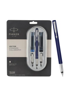 PARKER Vector Standard Chrome Trim Calligraphy Fountain Pen | Blue Body Color With 4 Ink Cartridges (2 Blue + 2 Black) | Gift For Artists | Perfect For Creative Endeavors  - Image 1