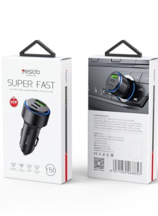 Yesido 60W Fast Car Charger by YESIDO Y50 – Dual Type-C & USB Ports – Compact Design with LED Indicator - Image 3