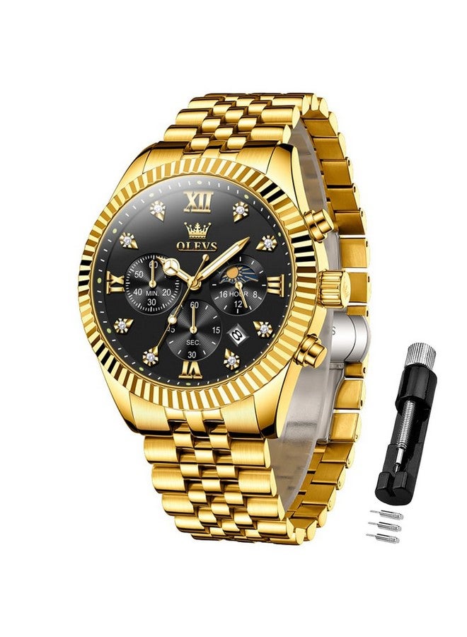 أوليفز ساعة OLEVS للرجال بعقارب كوارتز من الفولاذ المقاوم للصدأ مع تقويم طور القمر وكرونوغراف وساعة ألماس مقاومة للماء وساعة يد مضيئة بلونين وذهبي أسود - Image 1