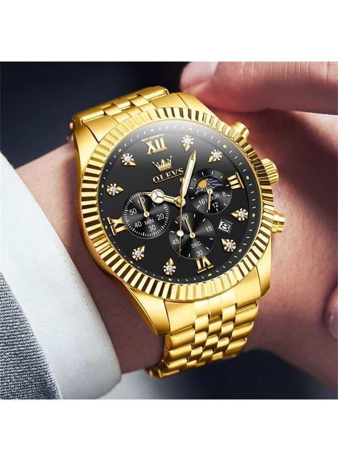 أوليفز ساعة OLEVS للرجال بعقارب كوارتز من الفولاذ المقاوم للصدأ مع تقويم طور القمر وكرونوغراف وساعة ألماس مقاومة للماء وساعة يد مضيئة بلونين وذهبي أسود - Image 2