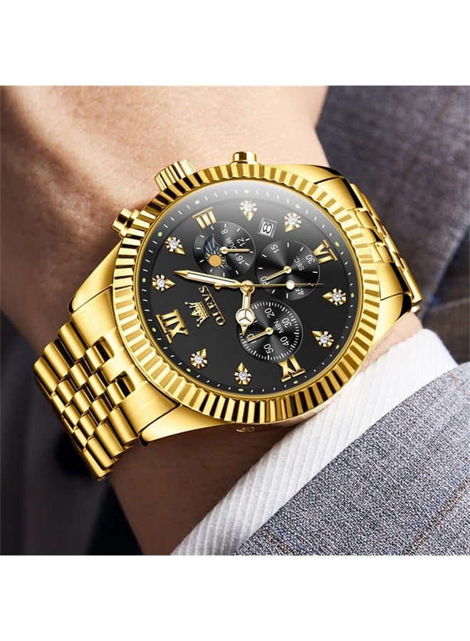 أوليفز ساعة OLEVS للرجال بعقارب كوارتز من الفولاذ المقاوم للصدأ مع تقويم طور القمر وكرونوغراف وساعة ألماس مقاومة للماء وساعة يد مضيئة بلونين وذهبي أسود - Image 3