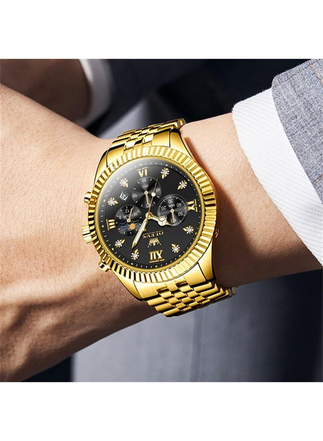 أوليفز ساعة OLEVS للرجال بعقارب كوارتز من الفولاذ المقاوم للصدأ مع تقويم طور القمر وكرونوغراف وساعة ألماس مقاومة للماء وساعة يد مضيئة بلونين وذهبي أسود - Image 4