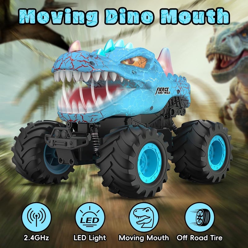 OMIRE Dinosaur Remote Control Car, 2.4GHz Monster Truck Toys Rechargeable RC Cars 1:24 Scale RC Truck with LED Light Movable Mouth, Dinosaur Cars Toys for Kids Boys 6-8 8-12 Birthday Gift, Blue - Image 3