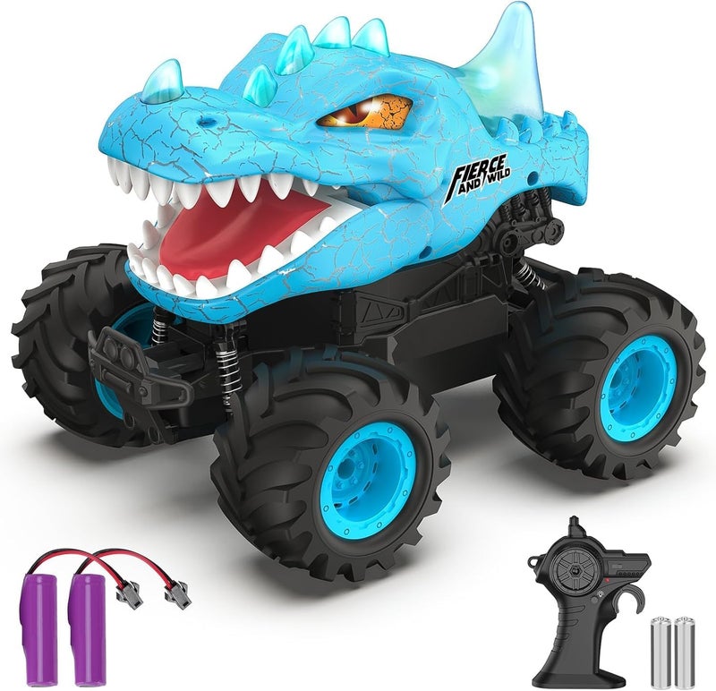 OMIRE Dinosaur Remote Control Car, 2.4GHz Monster Truck Toys Rechargeable RC Cars 1:24 Scale RC Truck with LED Light Movable Mouth, Dinosaur Cars Toys for Kids Boys 6-8 8-12 Birthday Gift, Blue - Image 1