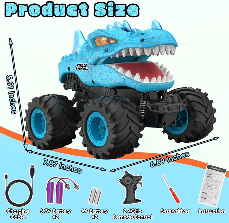 OMIRE Dinosaur Remote Control Car, 2.4GHz Monster Truck Toys Rechargeable RC Cars 1:24 Scale RC Truck with LED Light Movable Mouth, Dinosaur Cars Toys for Kids Boys 6-8 8-12 Birthday Gift, Blue - Image 2