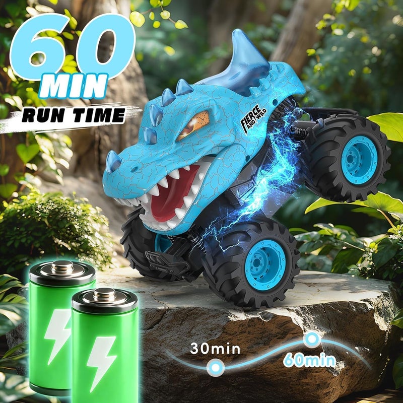 OMIRE Dinosaur Remote Control Car, 2.4GHz Monster Truck Toys Rechargeable RC Cars 1:24 Scale RC Truck with LED Light Movable Mouth, Dinosaur Cars Toys for Kids Boys 6-8 8-12 Birthday Gift, Blue - Image 5