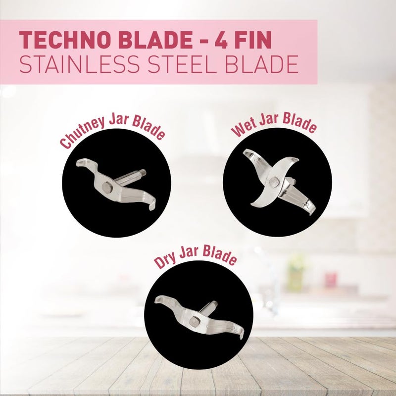 Usha Colt Prime Mixer Grinder| 500W| Powerful 100% Copper Motor| Rust Resistant Stainless Steel Jars & Blades| Uniform Grinding with 3 Jars| 5 Years Motor Warranty - Image 4