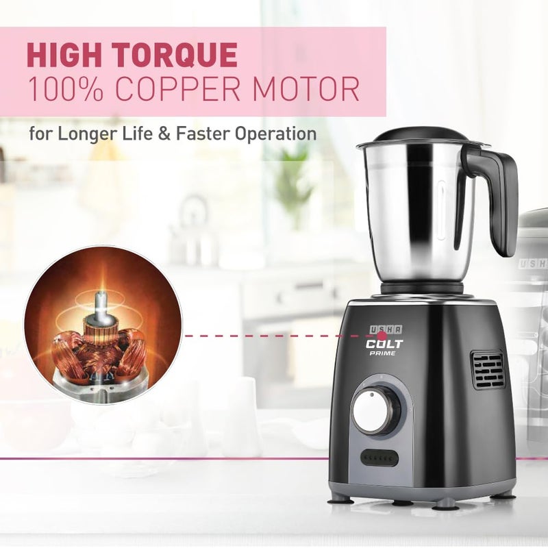 Usha Colt Prime Mixer Grinder| 500W| Powerful 100% Copper Motor| Rust Resistant Stainless Steel Jars & Blades| Uniform Grinding with 3 Jars| 5 Years Motor Warranty - Image 3