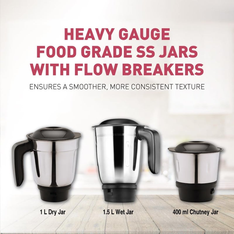 Usha Colt Prime Mixer Grinder| 500W| Powerful 100% Copper Motor| Rust Resistant Stainless Steel Jars & Blades| Uniform Grinding with 3 Jars| 5 Years Motor Warranty - Image 5