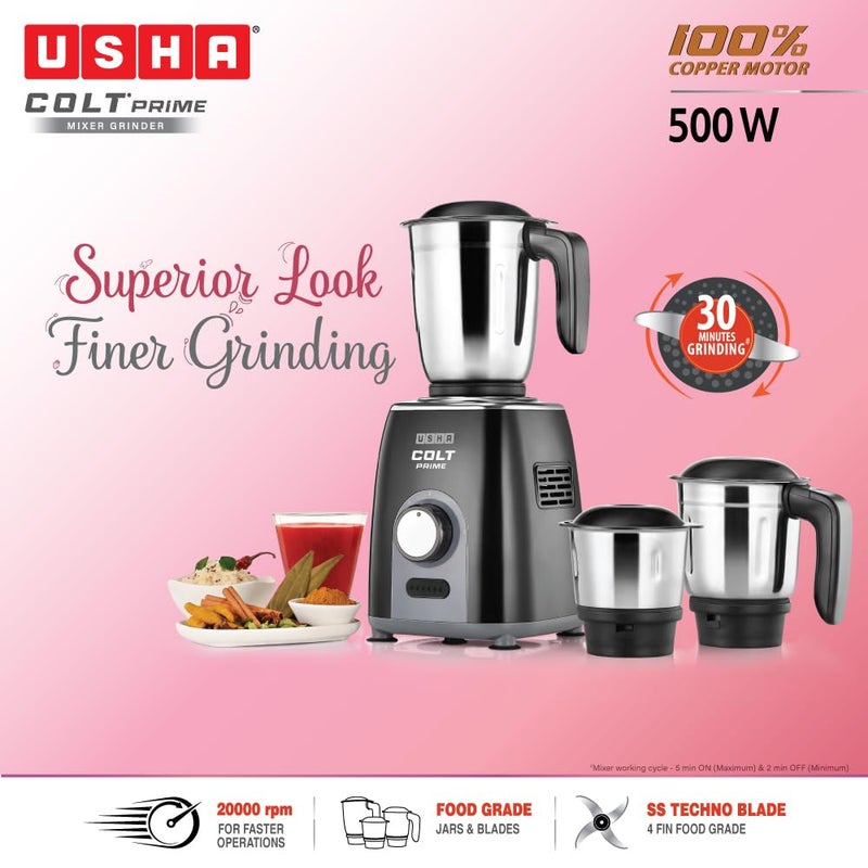 Usha Colt Prime Mixer Grinder| 500W| Powerful 100% Copper Motor| Rust Resistant Stainless Steel Jars & Blades| Uniform Grinding with 3 Jars| 5 Years Motor Warranty - Image 2