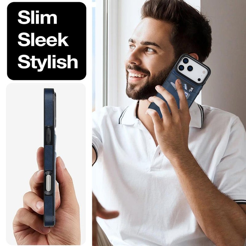 إيروريكس جراب هاتف من الجلد الليتشي بفتحات للبطاقات لهاتف iPhone 17 Pro Max (أزرق) - Image 4