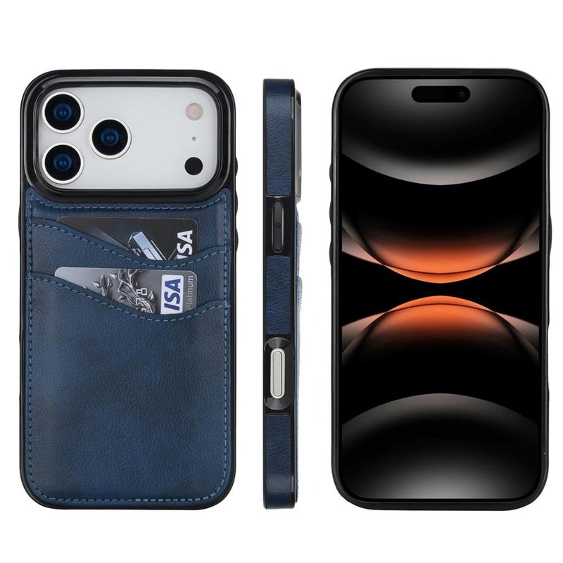 إيروريكس جراب هاتف من الجلد الليتشي بفتحات للبطاقات لهاتف iPhone 17 Pro Max (أزرق) - Image 1