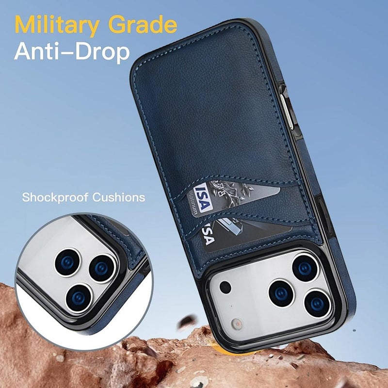 إيروريكس جراب هاتف من الجلد الليتشي بفتحات للبطاقات لهاتف iPhone 17 Pro Max (أزرق) - Image 5