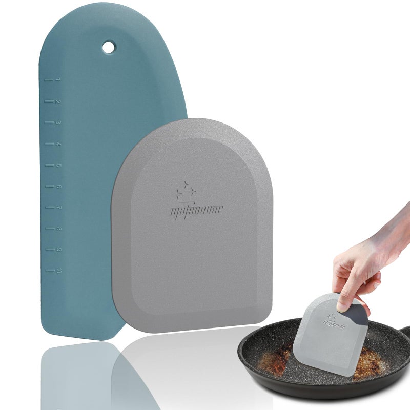 Matscover Bowl Scraper Dough Scraper Tool - Set of 2 Silicone Bench Scraper for Baking, Kitchen Pastry Scraper for Bread, Cake, Batter, cheese, Cream, Honey, Jam, Food Scraper with Curved Edge, Blue & Grey - Image 1