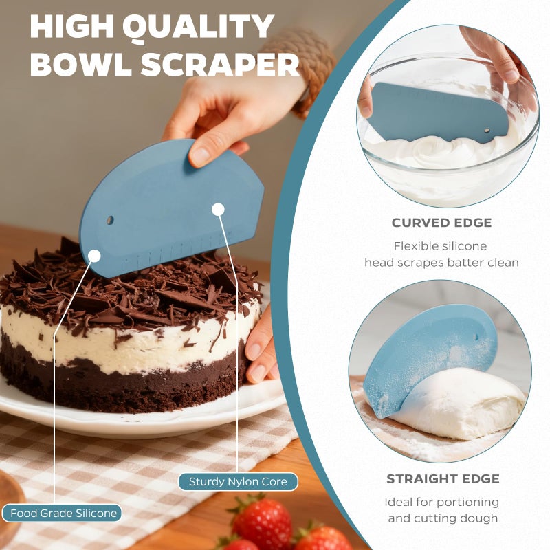 Matscover Bowl Scraper Dough Scraper Tool - Set of 2 Silicone Bench Scraper for Baking, Kitchen Pastry Scraper for Bread, Cake, Batter, cheese, Cream, Honey, Jam, Food Scraper with Curved Edge, Blue & Grey - Image 3