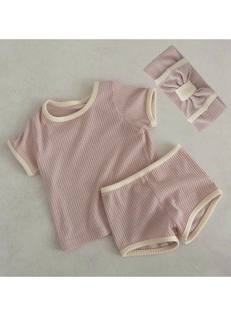 Baby Soft Breathable Cotton Short-Sleeved T-Shirt + Shorts Split + Hairband purple pink Three-Piece Set - Image 1