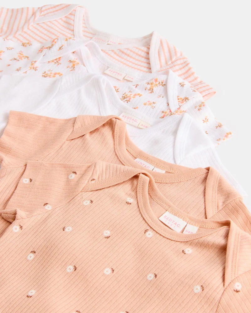 Redtag Baby White And Pink Bodysuit Set (Pack of 5)