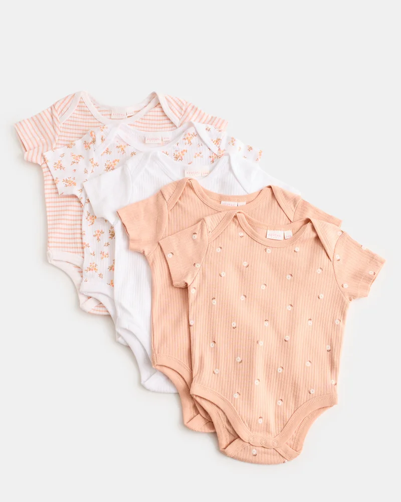 Redtag Baby White And Pink Bodysuit Set (Pack of 5)