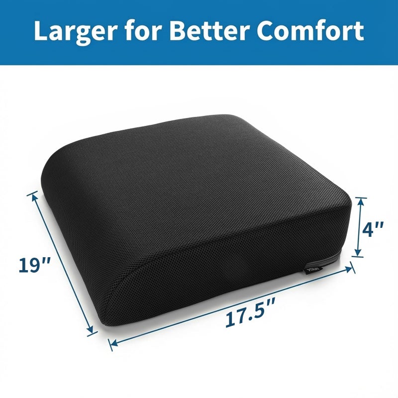 YOUFI Extra Thick Large Seat Cushion -19 X 17.5 X 4 Inch Gel Memory Foam Cushion with Carry Handle Non Slip Bottom - Pain Relief Coccyx Cushion for Wheelchair Office Chair (Black (1PACK)) - Image 2