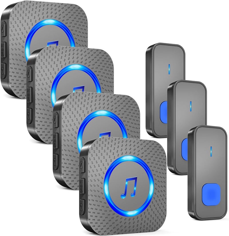 SURFOU Wireless Doorbell with 4 receivers 3 Buttons,IP55 Waterproof Doorbell,1300 FT/400M Remote Doorbell,55 Chimes 5 Volume,Colorful LED Flashing,110 db Loud Volume,For Home/Classroom - Image 1