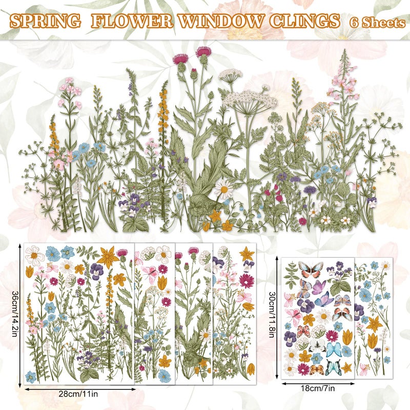 Whaline 6 Sheets Vintage Wildfloral Window Clings Butterfly Window Decal Double-Sided Watercolor Flower Window Decor for Fall Mirror Glass Display Shop Office School Supplies - Image 5