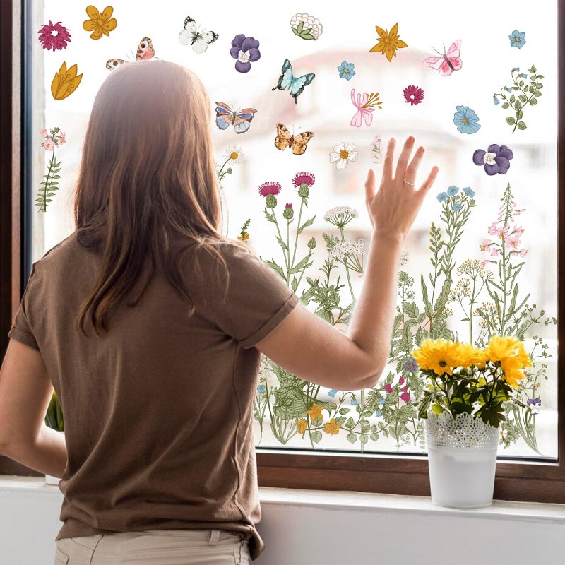 Whaline 6 Sheets Vintage Wildfloral Window Clings Butterfly Window Decal Double-Sided Watercolor Flower Window Decor for Fall Mirror Glass Display Shop Office School Supplies - Image 3
