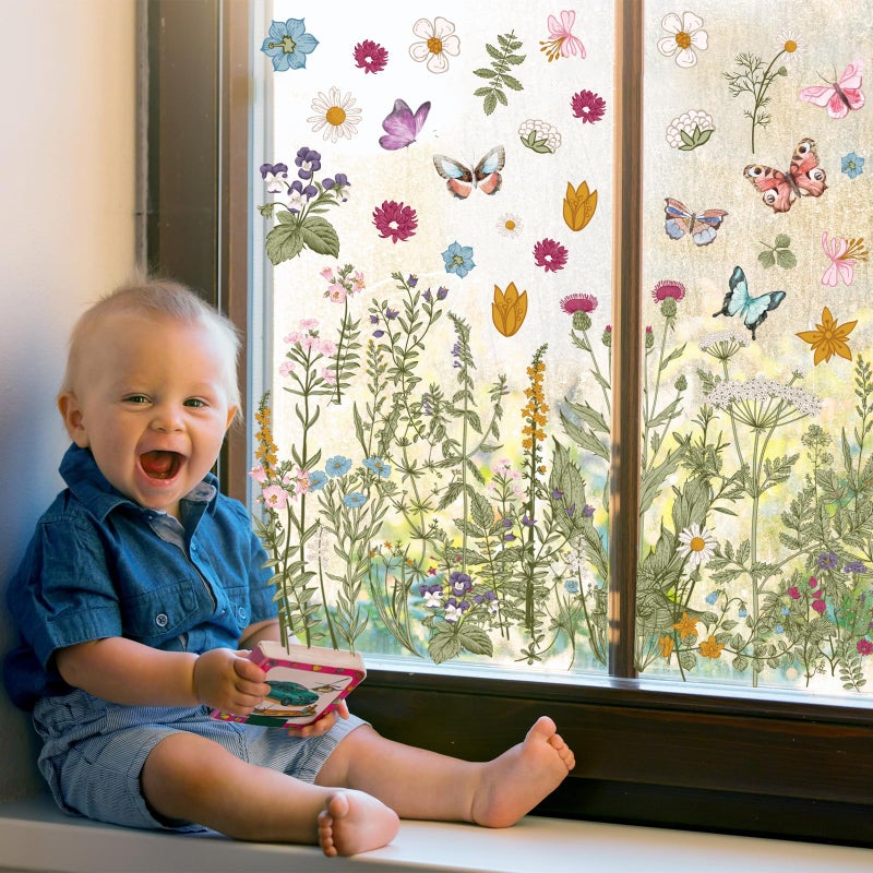 Whaline 6 Sheets Vintage Wildfloral Window Clings Butterfly Window Decal Double-Sided Watercolor Flower Window Decor for Fall Mirror Glass Display Shop Office School Supplies - Image 4