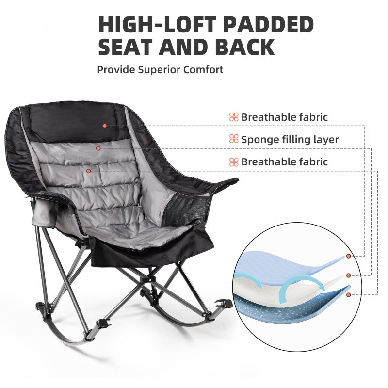 Foristrail Oversized Rocking Camping Chair for Adults - 400lbs Capacity Padded Camp Chair with Cup Holder, Portable Foldable Outdoor Rocker Chair for Camping, Backyard, Patio (Black & Gray) - Image 5