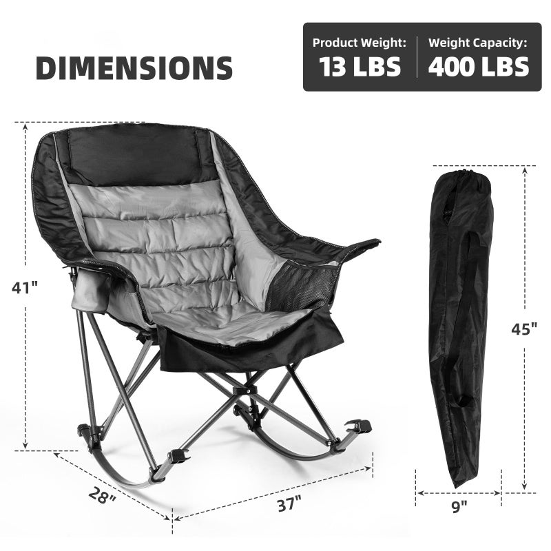 Foristrail Oversized Rocking Camping Chair for Adults - 400lbs Capacity Padded Camp Chair with Cup Holder, Portable Foldable Outdoor Rocker Chair for Camping, Backyard, Patio (Black & Gray) - Image 4