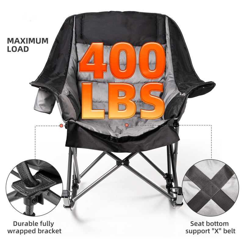Foristrail Oversized Rocking Camping Chair for Adults - 400lbs Capacity Padded Camp Chair with Cup Holder, Portable Foldable Outdoor Rocker Chair for Camping, Backyard, Patio (Black & Gray) - Image 2