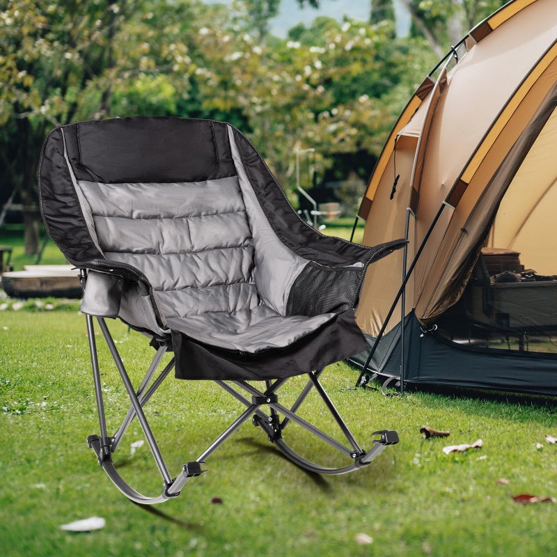 Foristrail Oversized Rocking Camping Chair for Adults - 400lbs Capacity Padded Camp Chair with Cup Holder, Portable Foldable Outdoor Rocker Chair for Camping, Backyard, Patio (Black & Gray) - Image 3