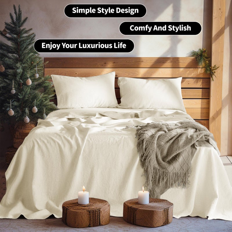 Lbro2M 100% Linen Sheet Set 16"" Deep Pocket King Size Bed Sheets 4 Piece Sets Solid Color Natural Flax Bed Sheets Soft Breathable Bedding  All Season (King  Beige) - Image 3