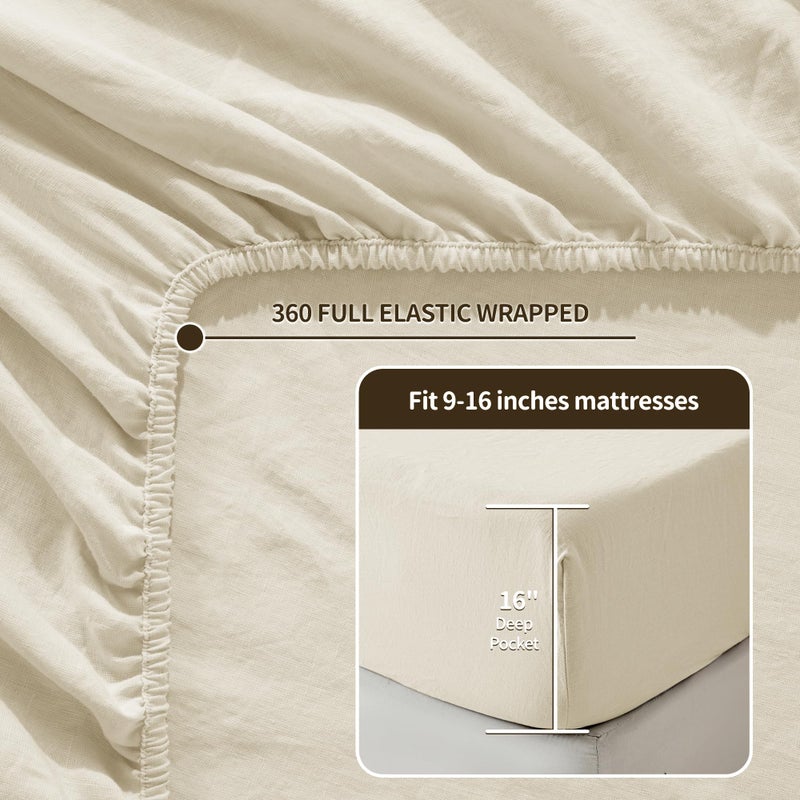 Lbro2M 100% Linen Sheet Set 16"" Deep Pocket King Size Bed Sheets 4 Piece Sets Solid Color Natural Flax Bed Sheets Soft Breathable Bedding  All Season (King  Beige) - Image 4