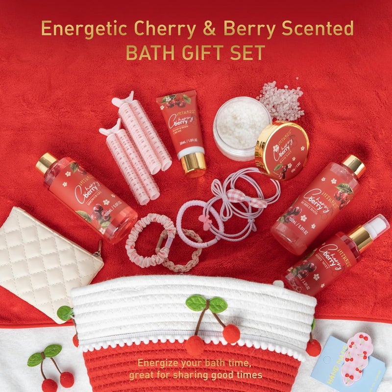 Hitrees Spa Gifts for Women Cherry Berry Spa Gift Set for Teenage Tote Bag Shower Gel Hand Body Lotion Hitrees Birthday for Best Friend Woman Mom Mothers Day - Image 3