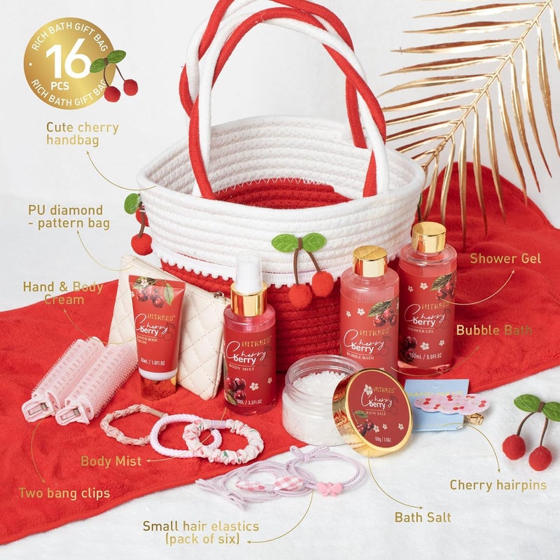 Hitrees Spa Gifts for Women Cherry Berry Spa Gift Set for Teenage Tote Bag Shower Gel Hand Body Lotion Hitrees Birthday for Best Friend Woman Mom Mothers Day - Image 2