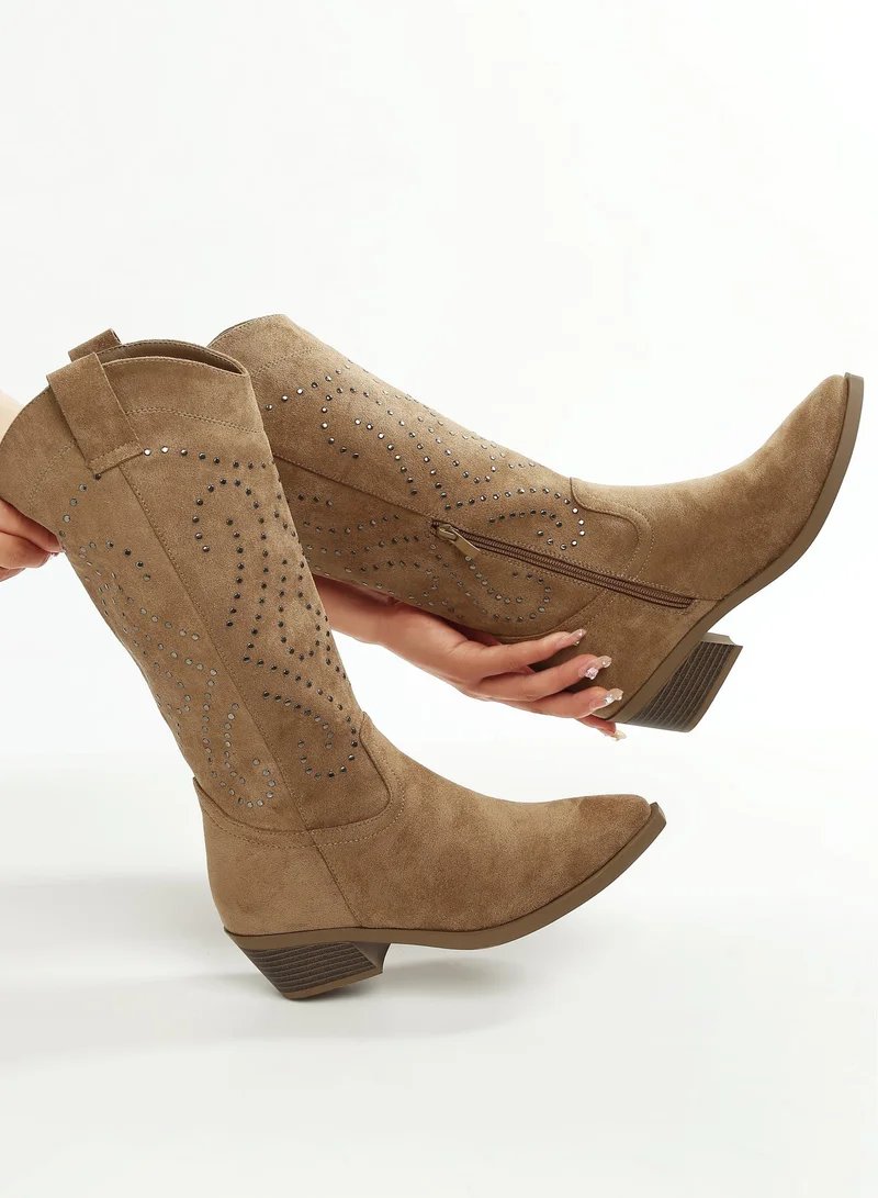 London Rag Studs Embellished Cowboy Boots in CAMEL