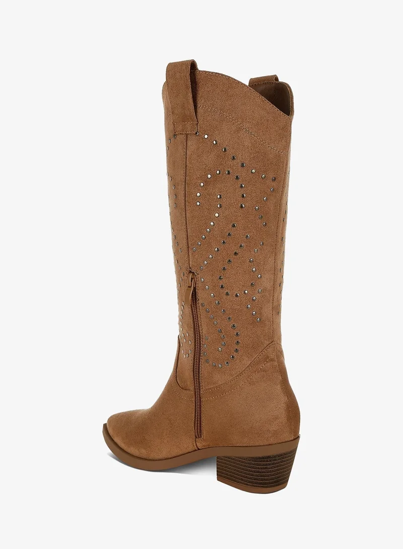 London Rag CAMEL Studs Embellished Cowboy Boots in CAMEL for Women | Best Price UAE
