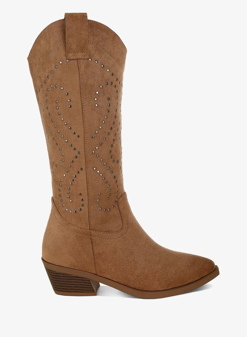 London Rag Studs Embellished Cowboy Boots in CAMEL