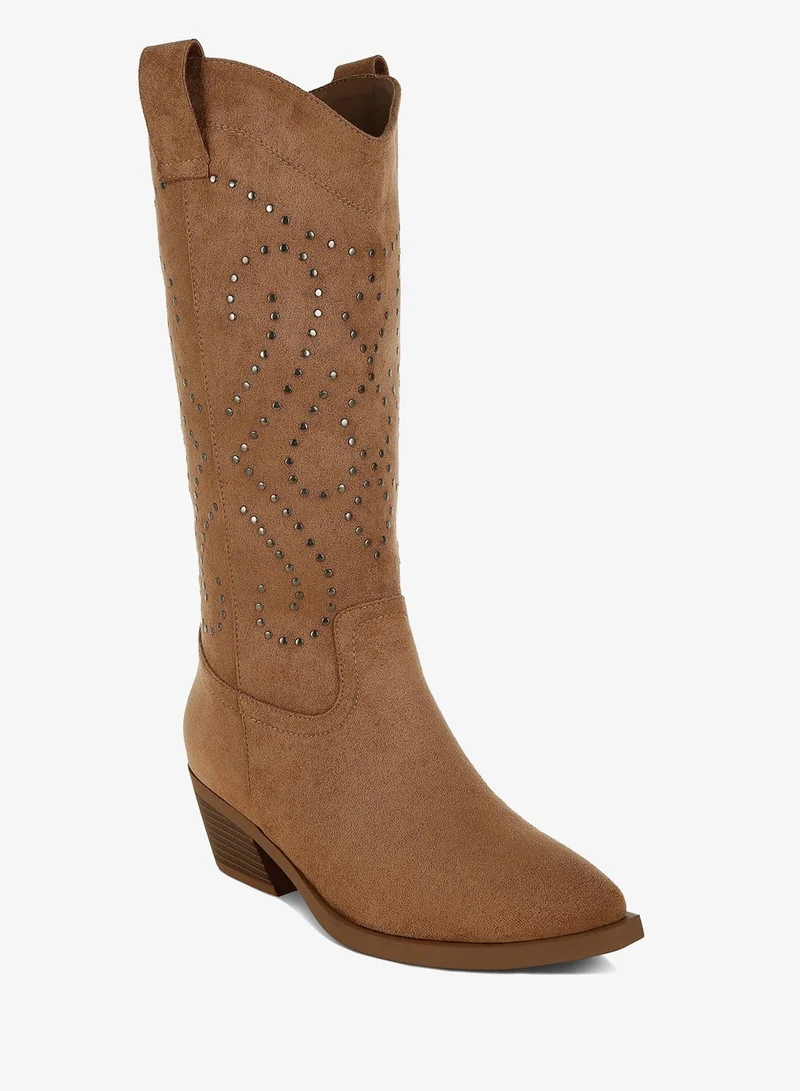 London Rag CAMEL Studs Embellished Cowboy Boots in CAMEL for Women | Best Price UAE