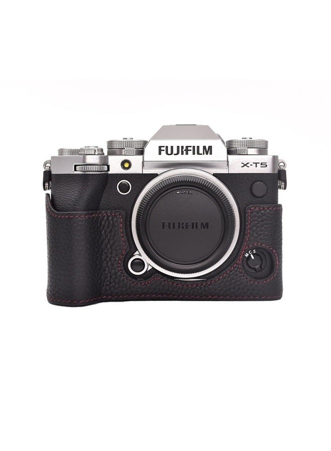 Rieibi حافظة فوجي XT5 - حافظة نصفية من الجلد الأصلي عالي الجودة لكاميرا فوجي فيلم X-T5 الرقمية - حافظة واقية لجسم كاميرا Fuji XT5 X-T5، سوداء، حافظة جميلة - Image 1