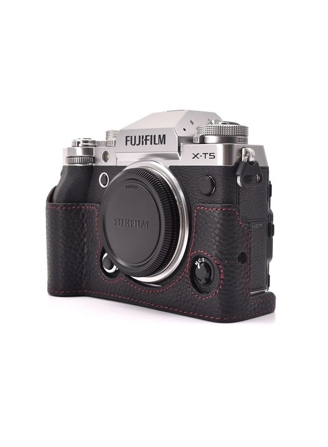 Rieibi حافظة فوجي XT5 - حافظة نصفية من الجلد الأصلي عالي الجودة لكاميرا فوجي فيلم X-T5 الرقمية - حافظة واقية لجسم كاميرا Fuji XT5 X-T5، سوداء، حافظة جميلة - Image 2