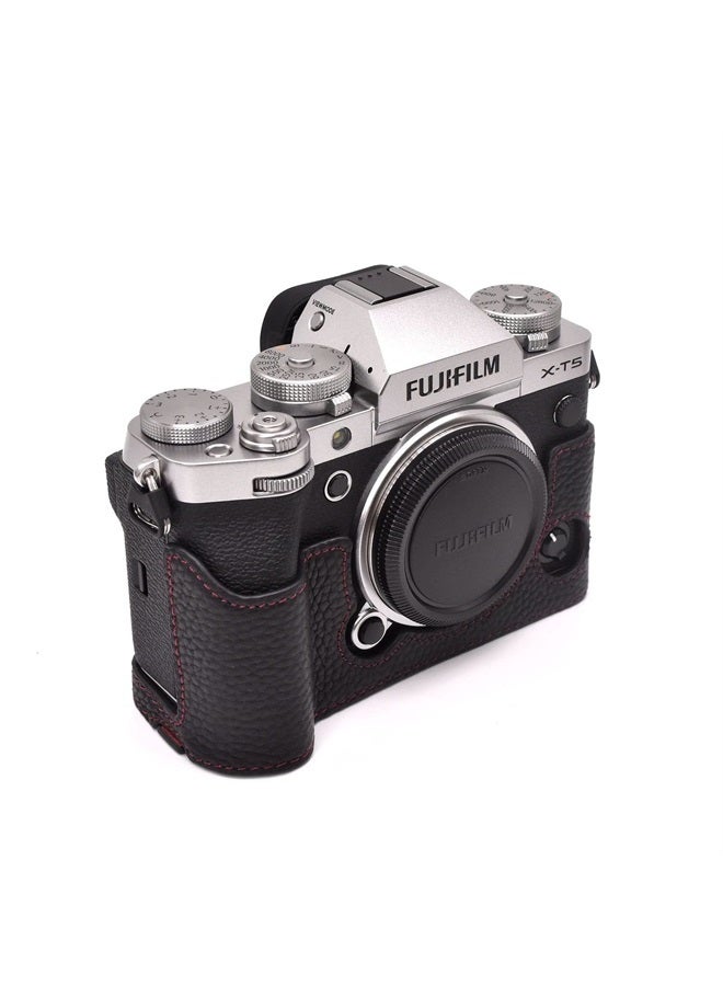 Rieibi حافظة فوجي XT5 - حافظة نصفية من الجلد الأصلي عالي الجودة لكاميرا فوجي فيلم X-T5 الرقمية - حافظة واقية لجسم كاميرا Fuji XT5 X-T5، سوداء، حافظة جميلة - Image 3