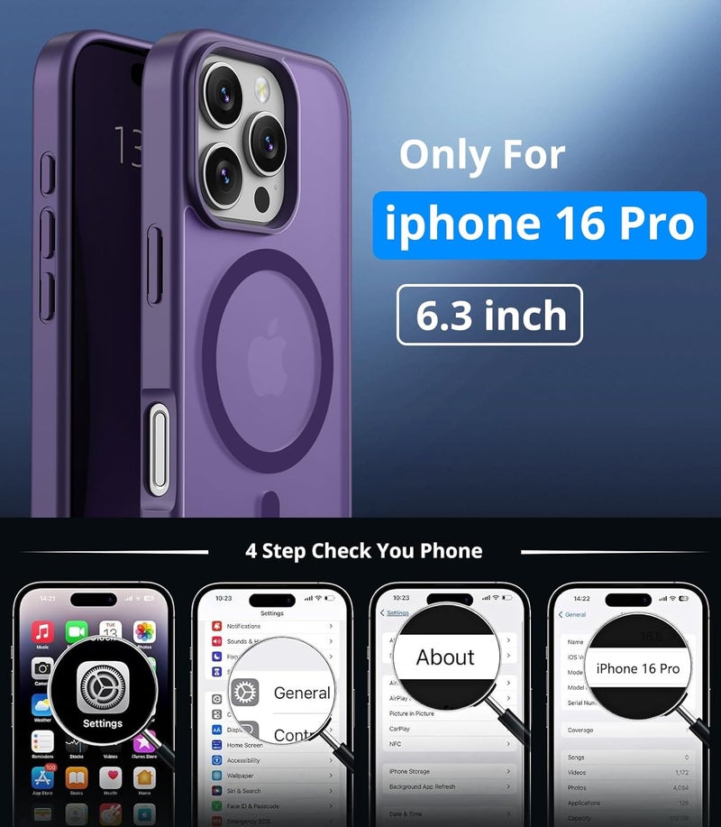Vansdon Magnetic Case for iPhone 16 Pro with 1-Pack Tempered Glass Screen Protector, Compatible with MagSafe, Military-Grade Drop Protection, Slim Translucent Matte Shockproof Case - Bark Purple - Image 4