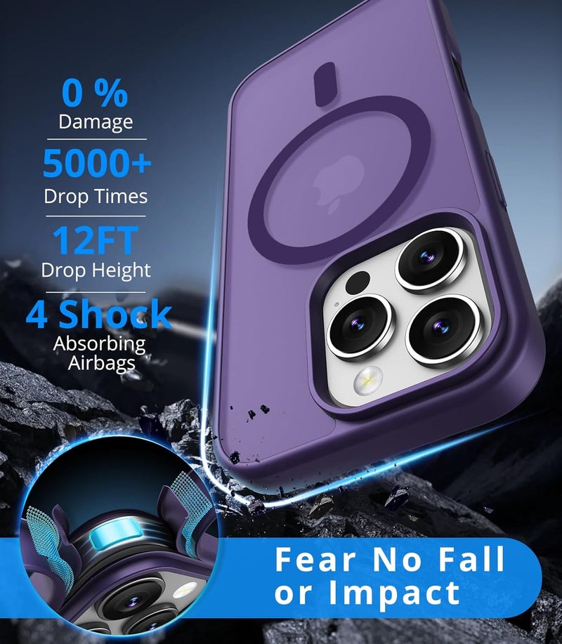 Vansdon Magnetic Case for iPhone 16 Pro with 1-Pack Tempered Glass Screen Protector, Compatible with MagSafe, Military-Grade Drop Protection, Slim Translucent Matte Shockproof Case - Bark Purple - Image 2