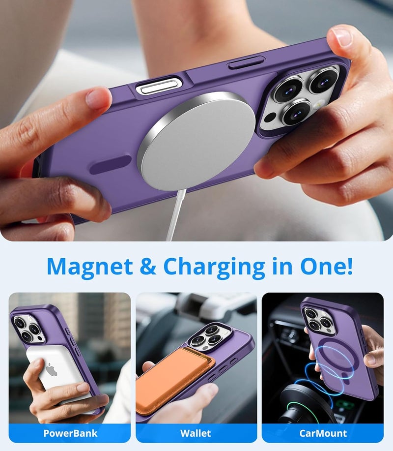 Vansdon Magnetic Case for iPhone 16 Pro with 1-Pack Tempered Glass Screen Protector, Compatible with MagSafe, Military-Grade Drop Protection, Slim Translucent Matte Shockproof Case - Bark Purple - Image 3