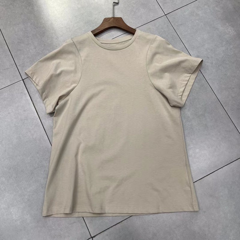 2024 spring and summer cotton European and American niche design style street cotton short sleeve T-shirt curved sleeve shoulder sleeve top for women Light gray brown