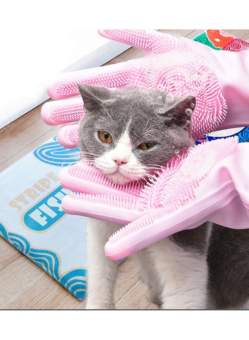 2 قطعة من قفاز اليدين لاستحمام القطط و الحيوانات الأليفة, مقاوم للحرارة مصنوع من مادة السيليكون عالية الكثافة مع أسنان لطيفة على الجلد وفعالة لإزالة الفراء - Image 2